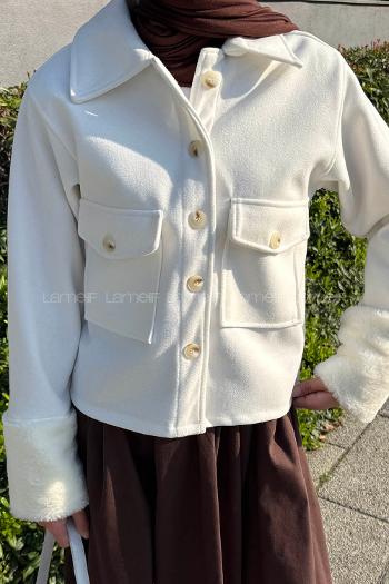 Lamelif Kol Kürk Detaylı Ceket Beyaz