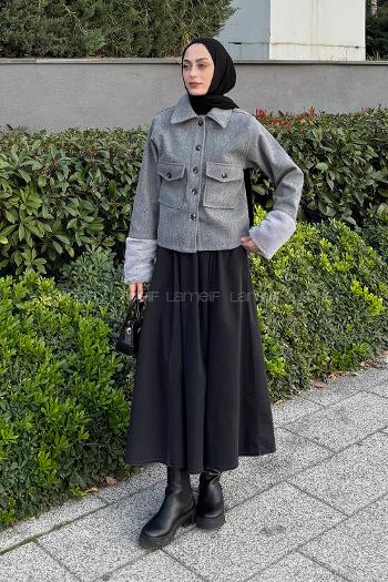 Lamelif Kol Kürk Detaylı Ceket Gri