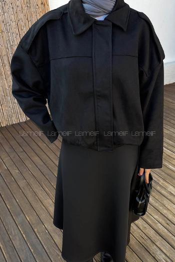 Black Shirt Collar Long Arm Cotton Suede Polyester Jacket