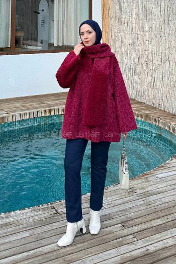 Lamelif Peluş Atkılı Mont Bordo