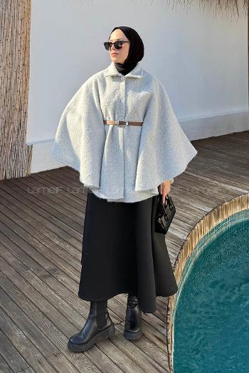 Lamelif Tek Düğmeli Beli Kemerli Sakallı Panço Gri