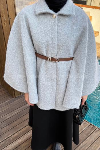 Lamelif Tek Düğmeli Beli Kemerli Sakallı Panço Gri