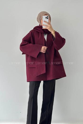 Lamelif Atkılı Kaşe Kaban Bordo