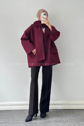 Lamelif Atkılı Kaşe Kaban Bordo