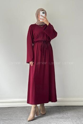 Lamelif Bel Tünel Detaylı Elbise Bordo