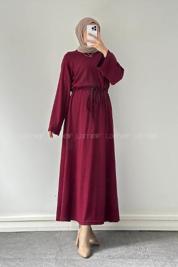 Lamelif Bel Tünel Detaylı Elbise Bordo