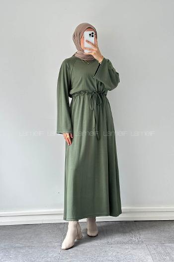 Lamelif Bel Tünel Detaylı Elbise Haki