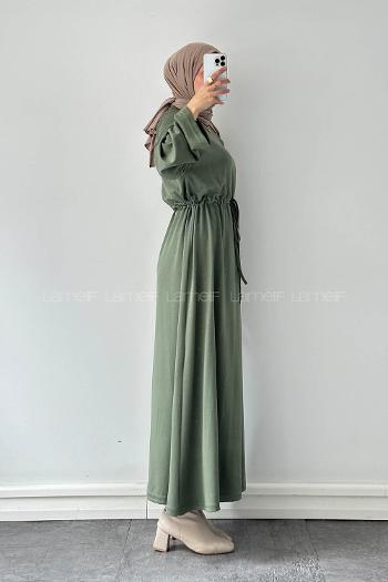 Lamelif Bel Tünel Detaylı Elbise Haki