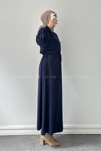 Lamelif Bel Tünel Detaylı Elbise Lacivert