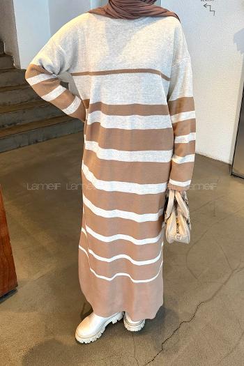 Lamelif Çizgi Detaylı Triko Elbise Camel