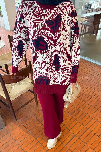 Lamelif Desenli Triko Takım Bordo
