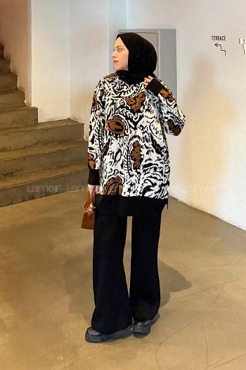 Lamelif Desenli Triko Takım Camel