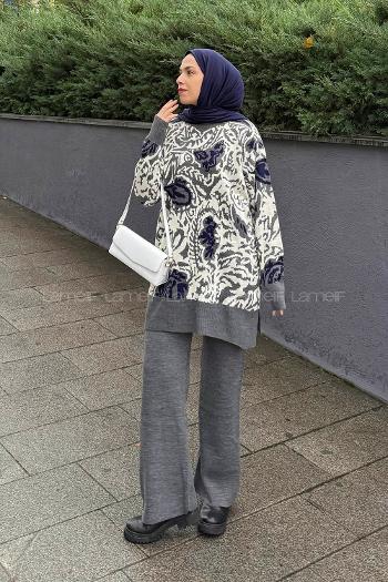 Lamelif Desenli Triko Takım Gri