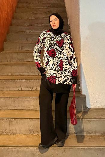 Lamelif Desenli Triko Takım Siyah