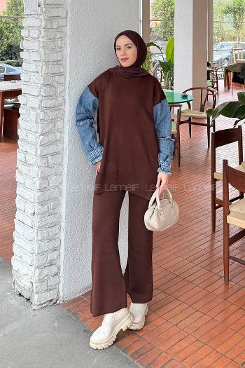 Bitter Brown Crew Neck Long Arm Acrylic Regular Trousers Comfortable Suit