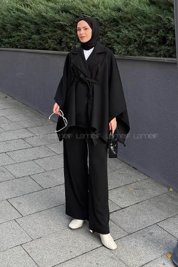 Lamelif Omuz Apoletli Bağlama Detaylı Panço Siyah