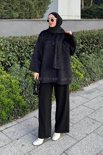 Lamelif Peluş Atkılı Mont Siyah