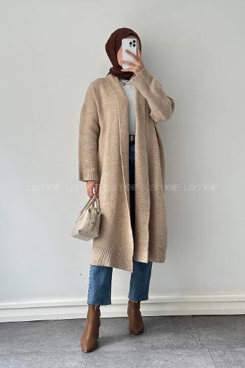 Lamelif Şal Yaka Uzun Triko Hırka Bej
