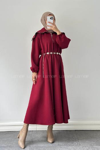Lamelif Scuba Kemerli Elbise Bordo