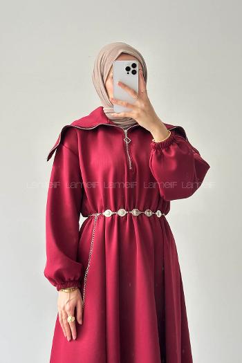 Lamelif Scuba Kemerli Elbise Bordo