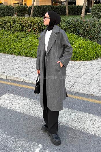 Lamelif Tek Düğmeli Kaşe Kaban Koyu Gri