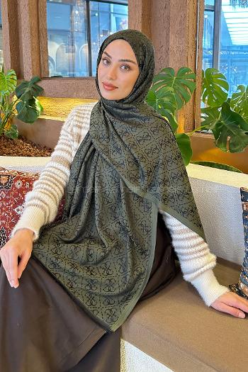 Lamelif Guess Desen Kaşmir Çift Taraflı Şal Haki