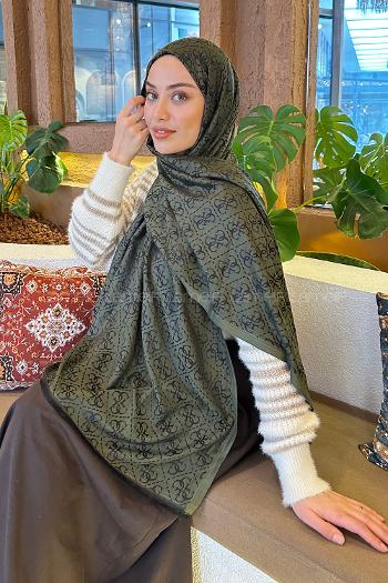 Lamelif Guess Desen Kaşmir Çift Taraflı Şal Haki