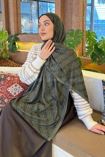 Lamelif Guess Desen Kaşmir Çift Taraflı Şal Haki