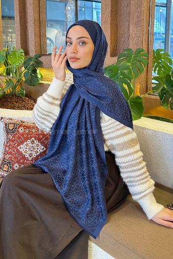 Navy Blue Cotton Fabric Striped Shawl