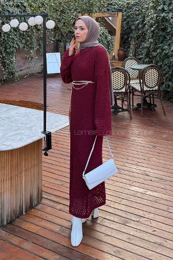 Lamelif Ajurlu Tesettür Elbise Bordo