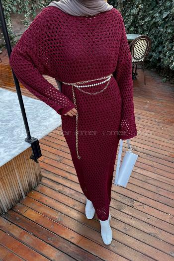 Lamelif Ajurlu Tesettür Elbise Bordo