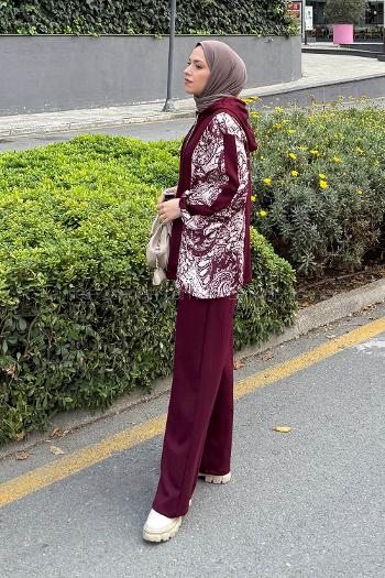 Lamelif Desenli İkili Takım Bordo