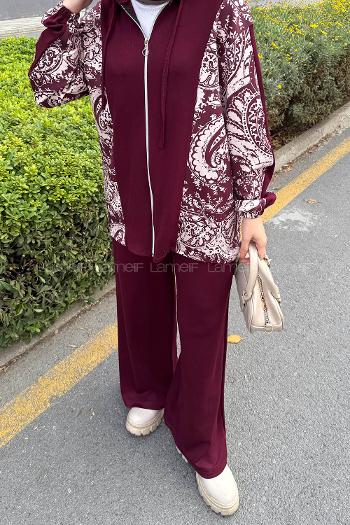 Lamelif Desenli İkili Takım Bordo