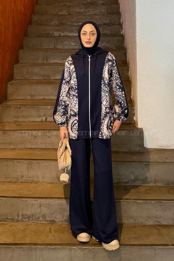 Lamelif Desenli İkili Takım Lacivert
