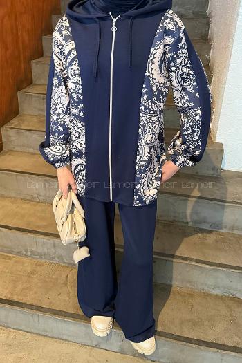 Lamelif Desenli İkili Takım Lacivert