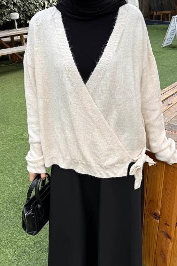 Lamelif Fiyonklu Triko Hırka Natural