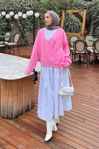 Lamelif Fiyonklu Triko Hırka Pembe