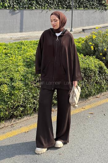 Lamelif Kapüşonlu Kanguru Cep İkili Takım Acı Kahve