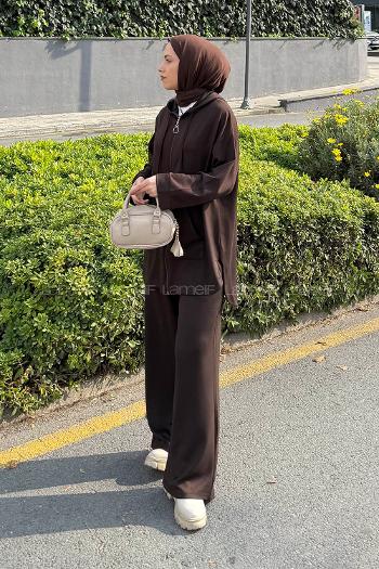 Lamelif Kapüşonlu Kanguru Cep İkili Takım Acı Kahve