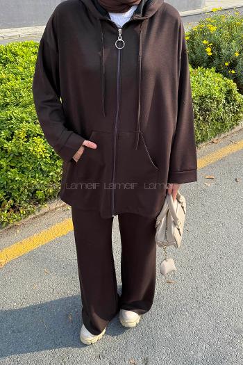 Lamelif Kapüşonlu Kanguru Cep İkili Takım Acı Kahve