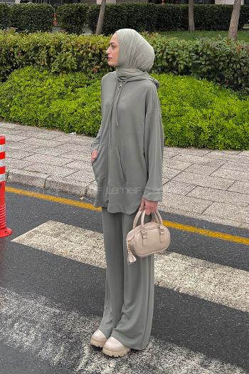 Lamelif Kapüşonlu Kanguru Cep İkili Takım Haki