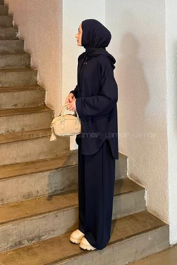 Lamelif Kapüşonlu Kanguru Cep İkili Takım Lacivert