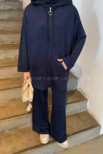 Lamelif Kapüşonlu Kanguru Cep İkili Takım Lacivert