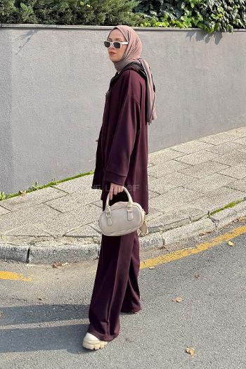 Lamelif Kapüşonlu Kanguru Cep İkili Takım Mürdüm