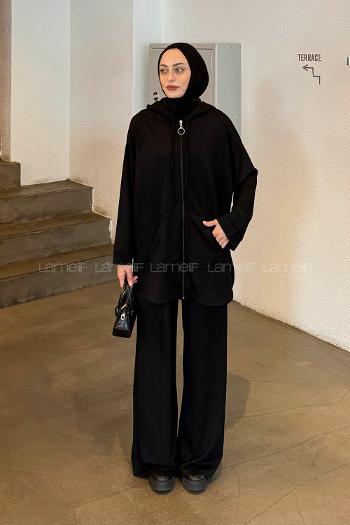 Black Hood Neck Long Arm Cotton Regular Trousers Comfortable Suit