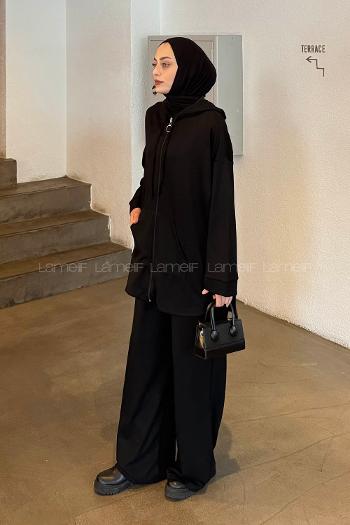 Black Hood Neck Long Arm Cotton Regular Trousers Comfortable Suit