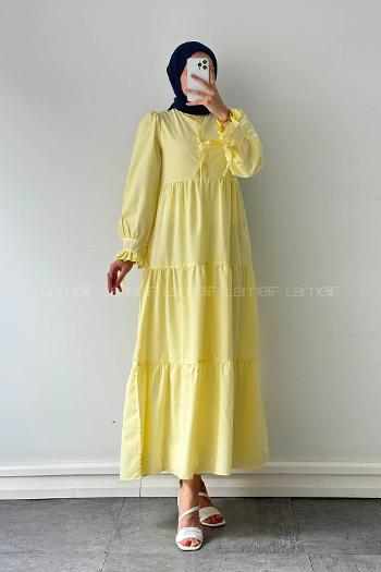 Lamelif Kol Bağlama Detaylı Tesettür Elbise Sarı