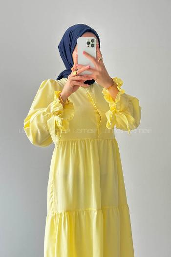 Lamelif Kol Bağlama Detaylı Tesettür Elbise Sarı