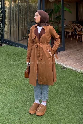 Lamelif Omuz Apoletli Süet Trençkot Taba