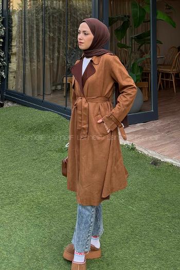 Lamelif Omuz Apoletli Süet Trençkot Taba